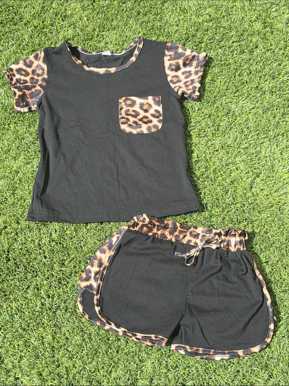 Black & Leopard Trim Girls' Matching Set
